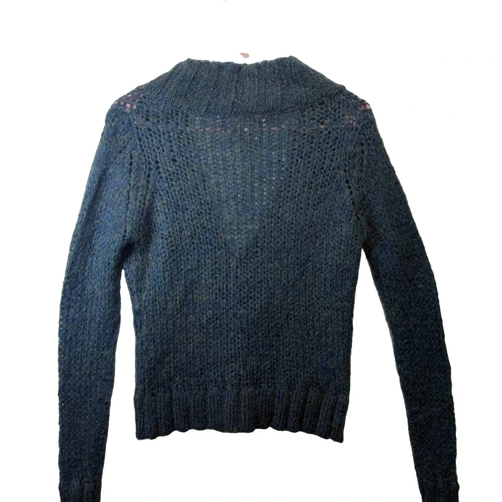 Free People Women's Size M Deep V Neck Knit Ribbed Collar Blue Pullover Sweater
